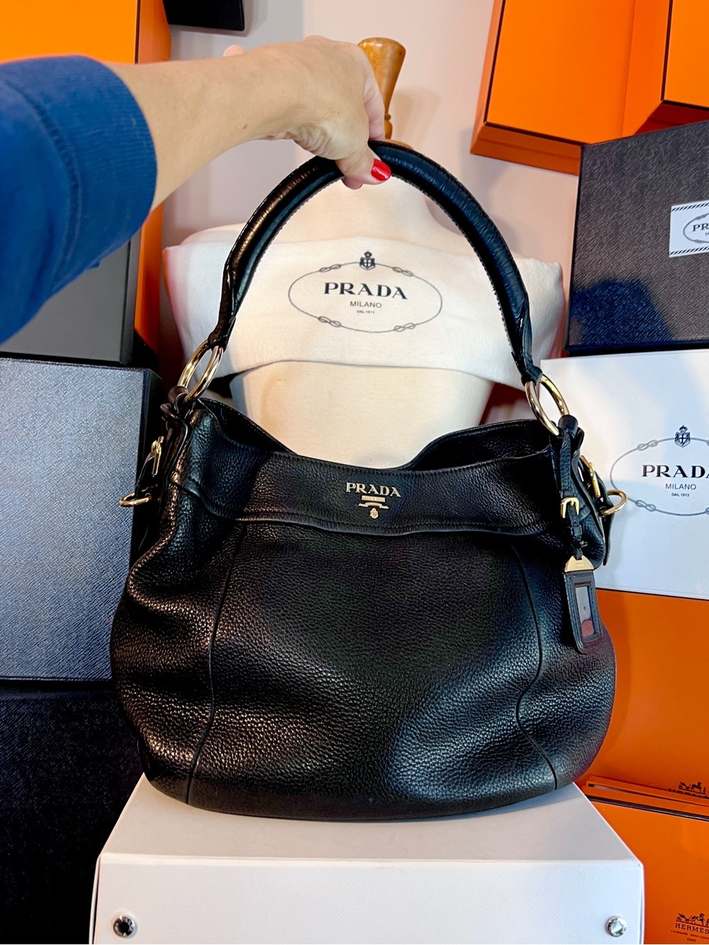 Prada Black Pebbled Leather Shoulder Bag/Gold Hardware!🌟 Always open to offers!
